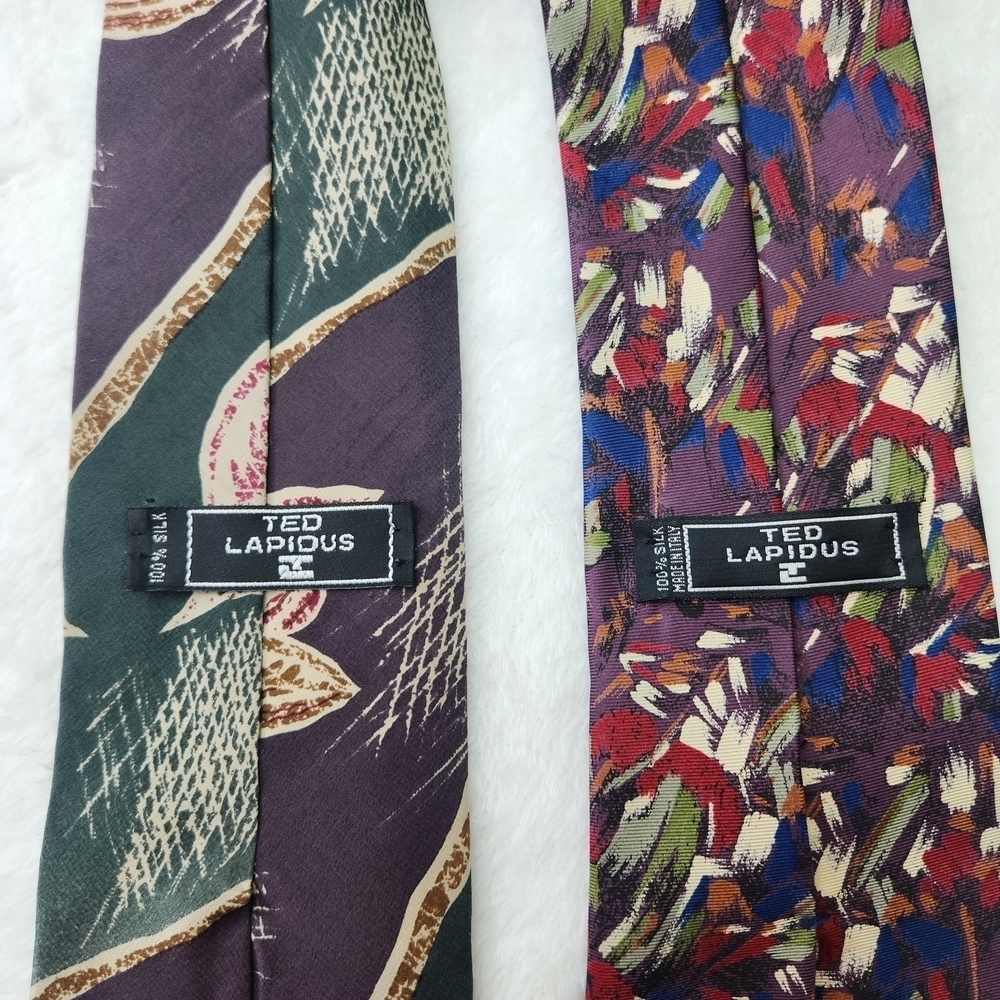 Ted Lapidus Vtg 100% Silk Stylish Leaf Patterned Tie Set in Green and Multicolor - Picture 2 of 7